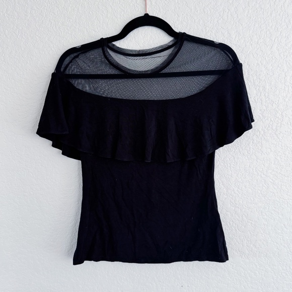 Karen Millen Black Mesh Ruffle Top Sheer Neckline Fitted Blouse - Picture 2 of 4